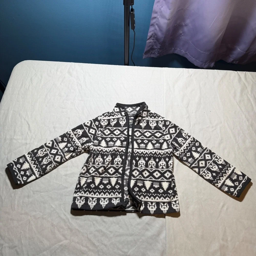 OshKosh Bgosh Toddler 2T Fleece Jacket Black White Bigfoot Fair Isle Full Zip